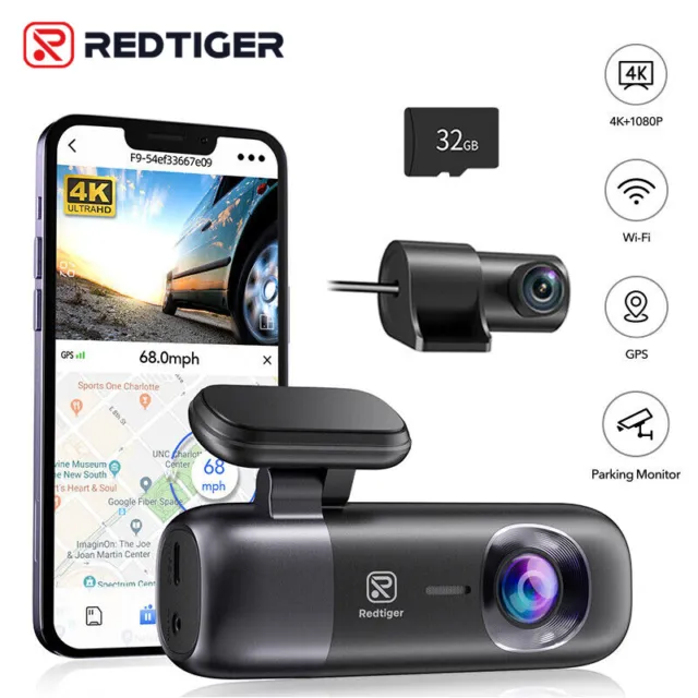 REDTIGER Dashcam Auto vorne hinten 4K, WiFi GPS AutoKamera mit 32GB Karte