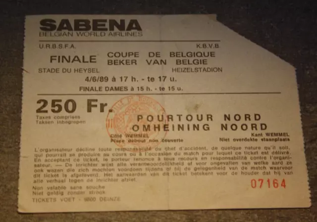 Ticket )) ANDERLECHT V STANDARD DE LIEGE - finale coupe Belgique 1989