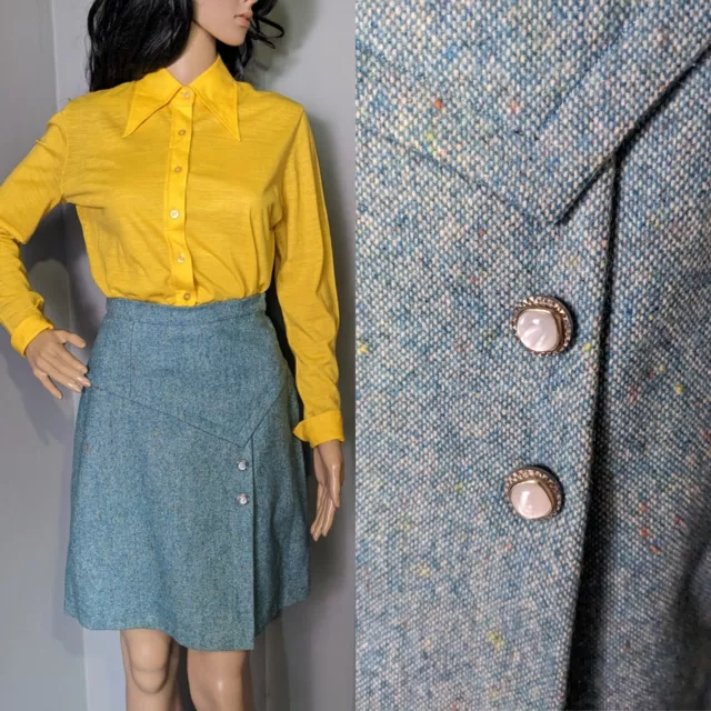 Vintage 60s Wool Tweed Green Mini Skirt Preppy Mod XS 24" 4 6 34