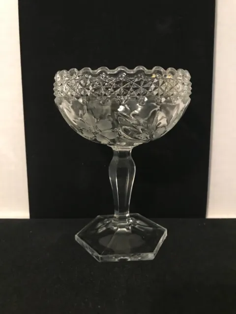 Vintage Pressed And Etched Glass Small Pedestal Compote Or Candy Dish