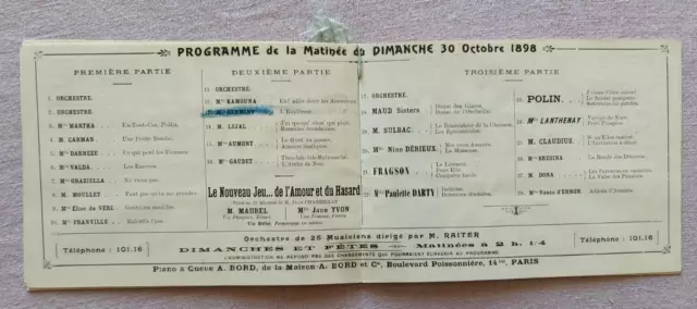 Rare Programme Scala Du 30 Octobre 1898 Le Nouveau Jeu De L'amour Et Du Hasard 3