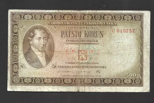 500 Korun  Vg-Fine  Banknote From Czechoslovakia 1946  Pick-73