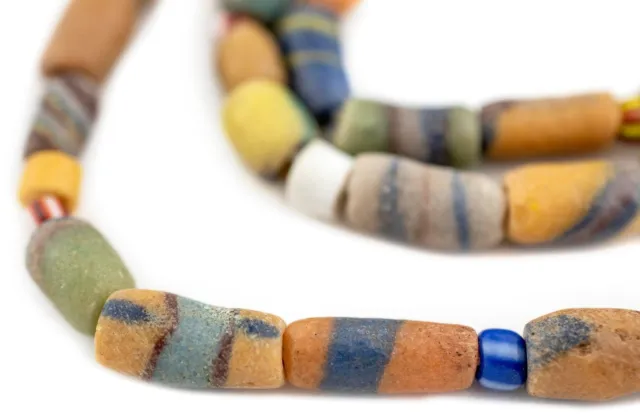 Vintage African Sandcast Beads 9mm Ghana Multicolor Cylinder Glass Large Hole