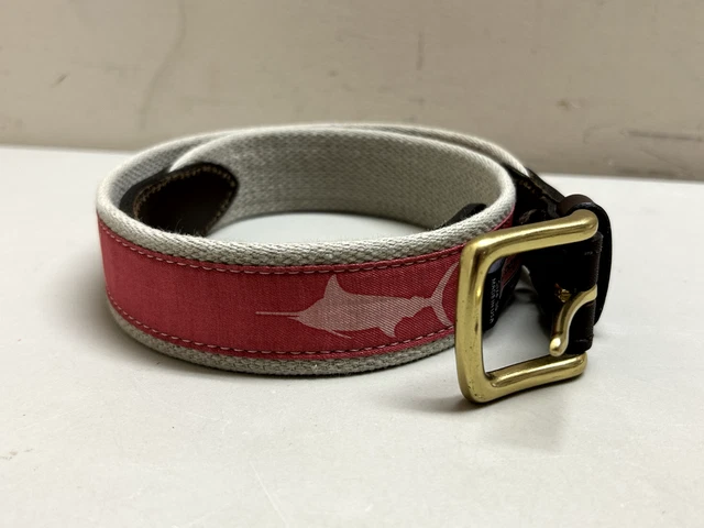 Vineyard Vines Belt 30 Pink Marlin Swordfish Ribbon Print on Canvas Web Brass