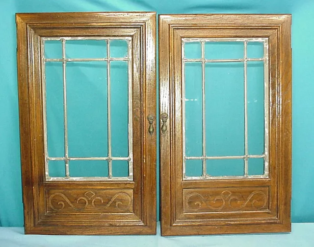 Heavy Leaded Glass Window Cabinet Door Oak Wood Kitchen Pie Vintage 1"Thick Pair