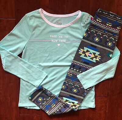 Nwt Justice Girls Outfit~12 Mint Green Ringer Tee / 12/14 Pattern Leggings