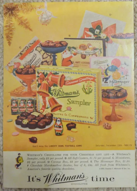 1959 Whitmans Chocolates Sampler Print Ad Signature Messenger Soft Center