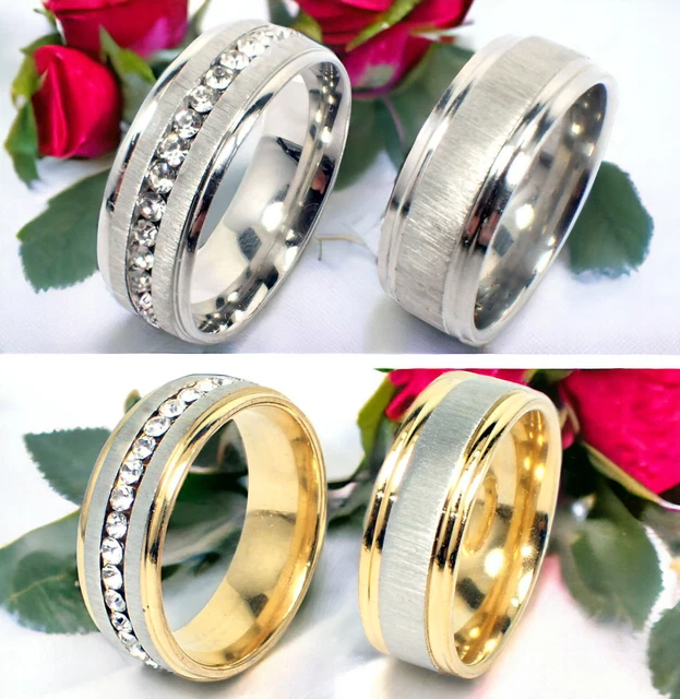 Anneaux en Acier Inoxydable Anneau Femmes Hommes Bande 12mm Rose Argent Strass