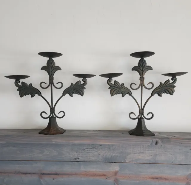 Vintage Bronze Fleur-de-Lis Floral Botanical Triple Pillar Candelabra Pair Heavy