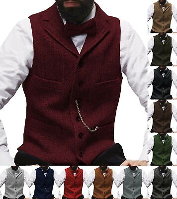 Business Mens Tweed Waistcoats Notch Lapel Vintage Vests Herringbone Wool Retro+