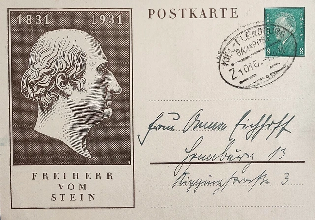Bahnpost Z.1016 Schleswig/Kiel-Flensburg Freiherr vom Stein Postkarte 7.10.1931
