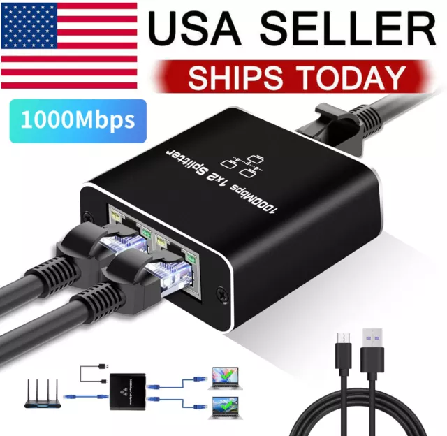 RJ45 Gigabit Ethernet Splitter 1000Mbps LAN Network Internet 1 to 2 Out Adapter