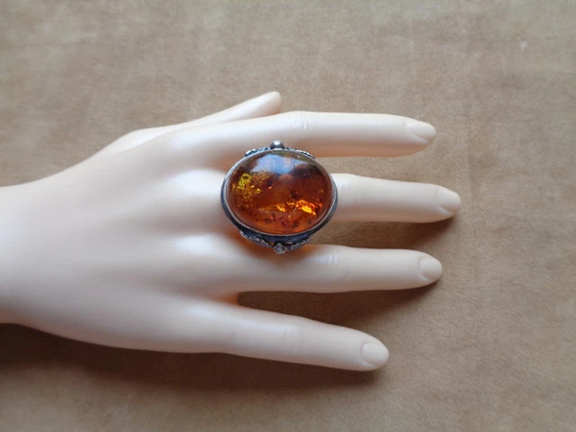Bague Argent Massif Avec Ambre - Taille 62, Vintage - Occasion