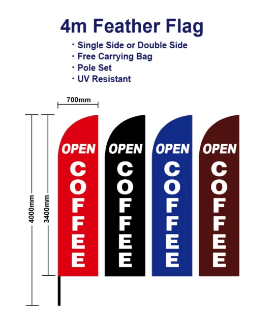 Outdoor 4m Open Coffee Flag Banner Feather Flags with Base Kit Spike Red Black