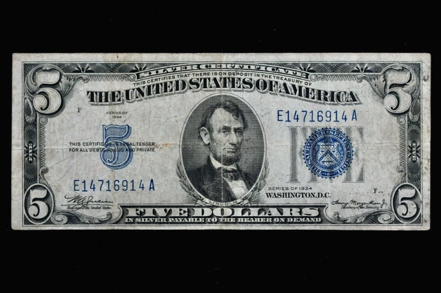 $5 1934 plain series tough EA block blue seal Silver Certificate E14716914A 2