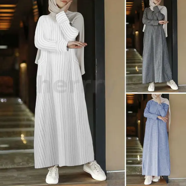 ZANZEA Womens Muslim Striped Long Sleeve Cotton Linen Kaftan Abaya Maxi Dress UK