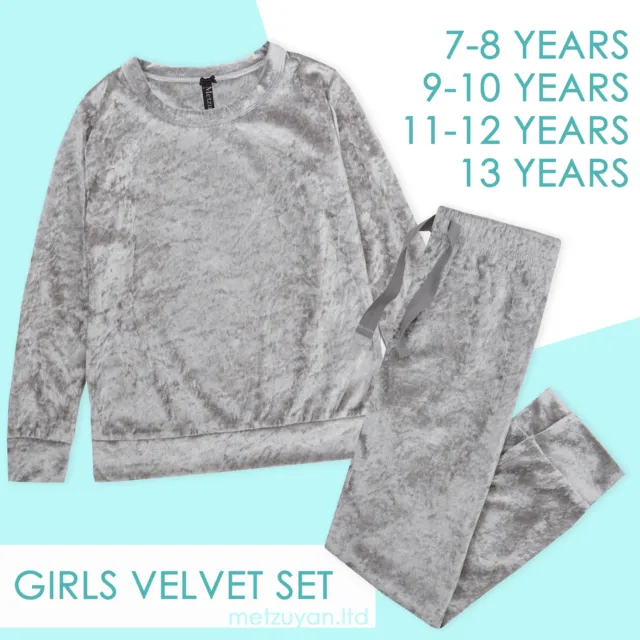 Kids Girls Silver Crushed Velvet Lounge Tracksuit Set Long Sleeve Velour 7-13 UK