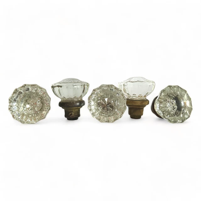 Antique Crystal and Brass Door Knobs 12 point Cut Glass Set of 5 Victorian Style