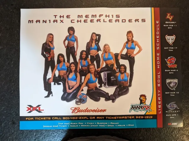 2001 XFL Football Memphis Maniax Cheerleaders Home Schedule Poster 18 x 24 Orig