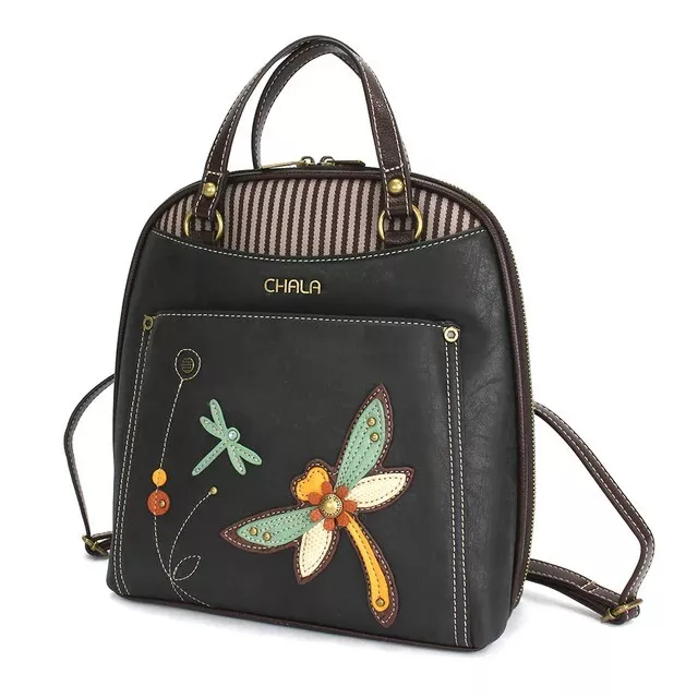 NEW Chala CONVERTIBLE Backpack Purse Shoulder Tote Bag Vegan DRAGONFLY Black