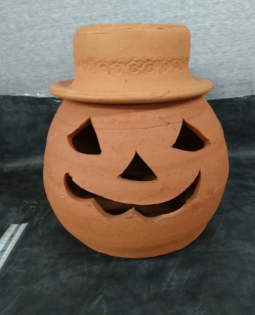 Vtg Hewell Style Pottery Terracotta Clay Jack- O'-Lantern Pumpkin Halloween