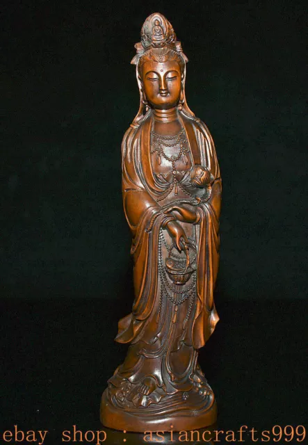 9,2" China Buchsbaum Holz Geschnitzt Kwan-Yin Guan Yin Bodhisattva Göttin Statue