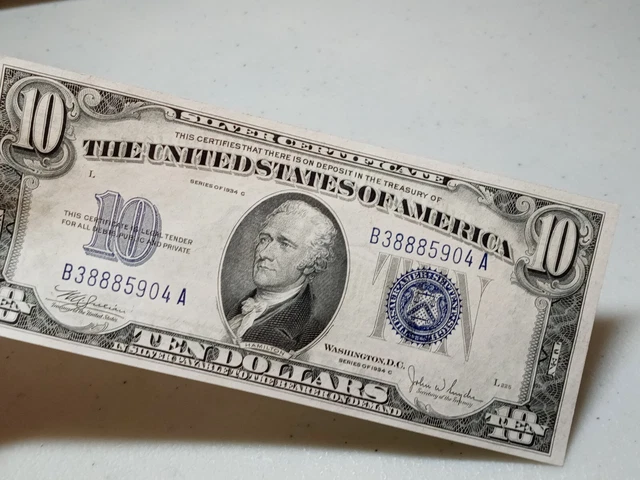 "888" Better Grade 1934 C $10 Ten Dollar Silver Certificate Note Blue Seal, A80 8