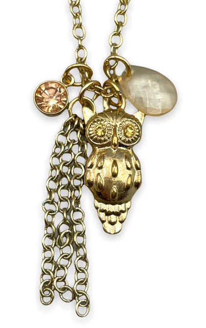 NY Signed Owl Necklace Gold Tone Amber Crystal With Yellow Eyes 16” Chain Maille