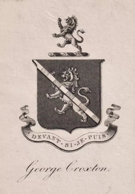 Exlibris George Croxton Bookplate Ex-Libris Arms Coat Of Arms Copperplate