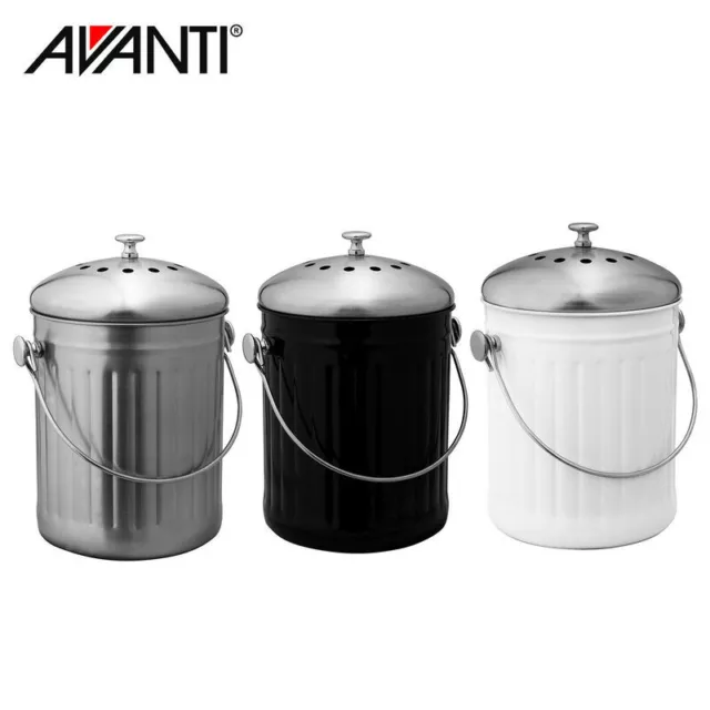 New AVANTI Stainless Steel Compost Bin 5 Litre Black White Kitchen Scrap