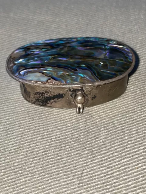 Vintage Abalone Shell Alpaca Silver Plate Mexico JNN Oval Pill Trinket Box
