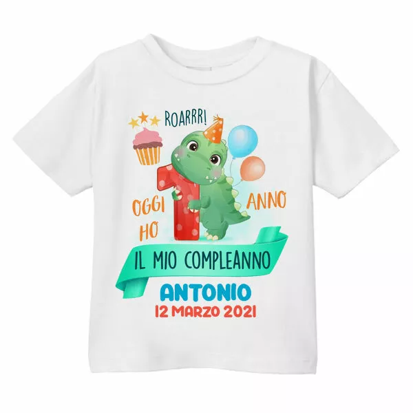 T-shirt bimbo bimba compleanno 1 anno, dinosauro, personalizzata con nome e data