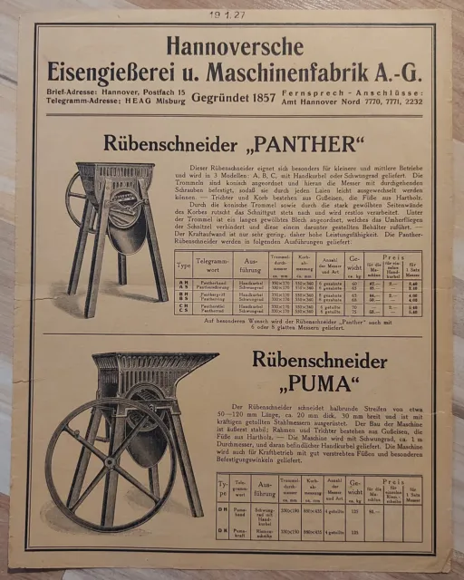 Druckschrift Werbeblatt HEAG Rübenschneider Tiger Panther Puma 1927 Hannover