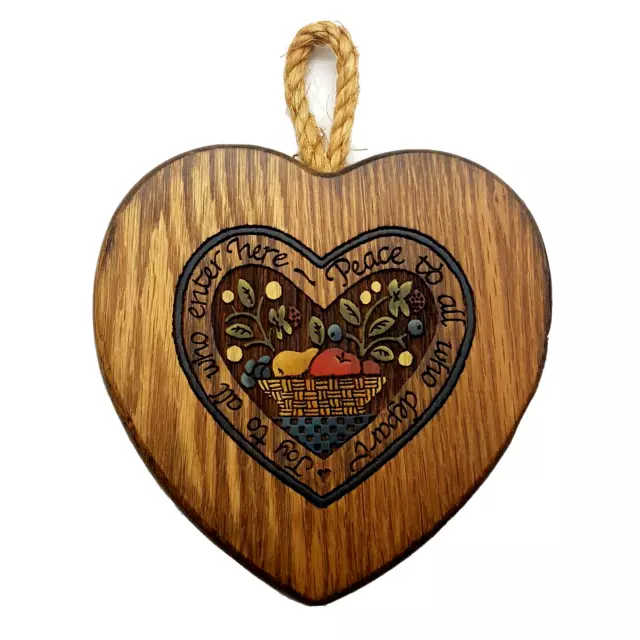 Heart Wall Plaque Carved Engraved Folk Art Peace and Joy Entry Door Cottage