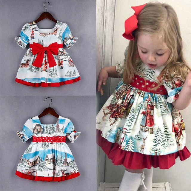 Girls Christmas Xmas Santa Claus Print Bow Princess Party Tutu Dress A Baby Kids