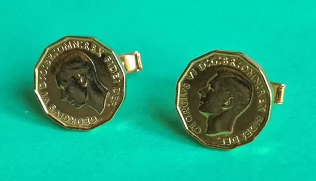 Vintage Gold tone George VI (6th) Real Threepence coin Cufflinks dated 1952