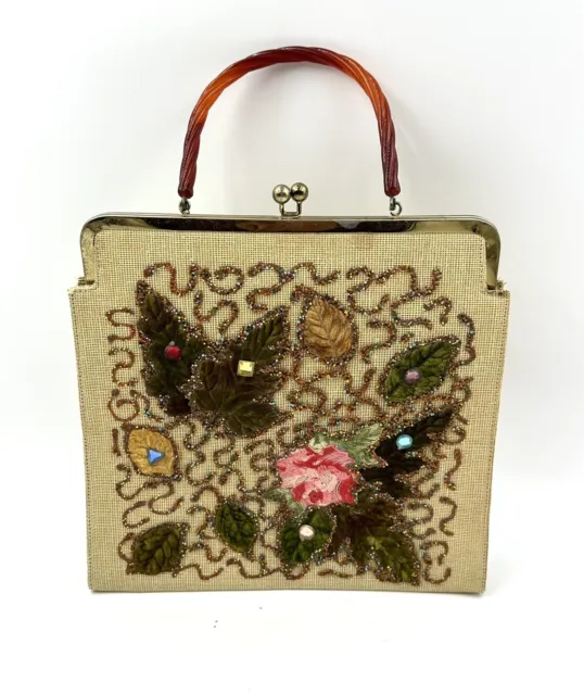 Vintage Purse Embroided With Leafs and Flowers 9.5”