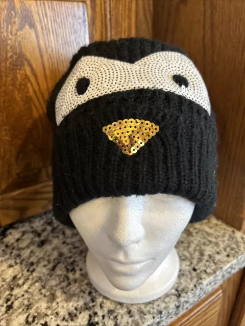 American Eagle Outfitters Sequin Penguin Knit Beanie Hat Black White