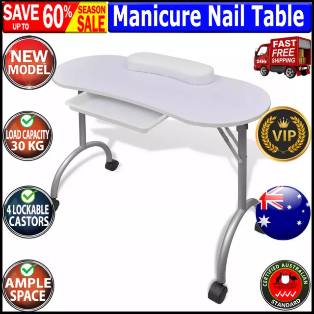 Folding Manicure Nail Table with Castors White Table w/ Drawer and Carry Bag New