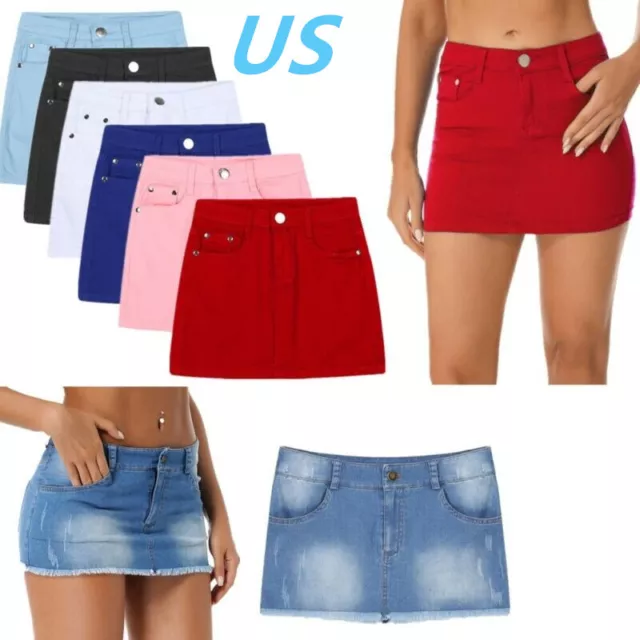 US Womens Bodycon Denim Skirts Low Waist Stretch Jean Miniskirt with Pockets