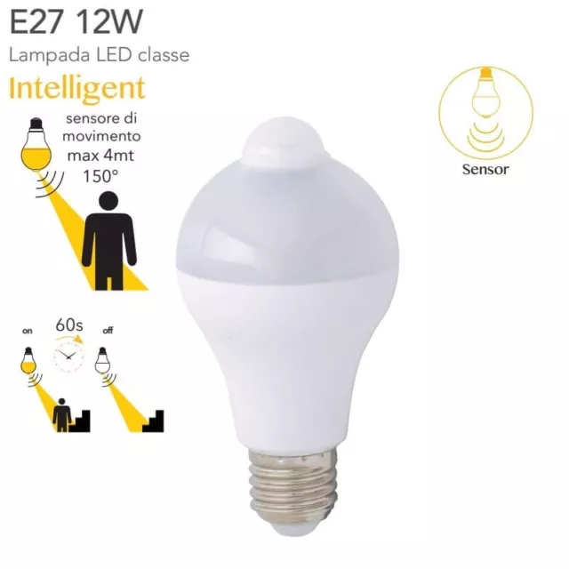 Lampadina Led A60 E27 12W 220V con Sensore di Movimento PIR Basso Consumo