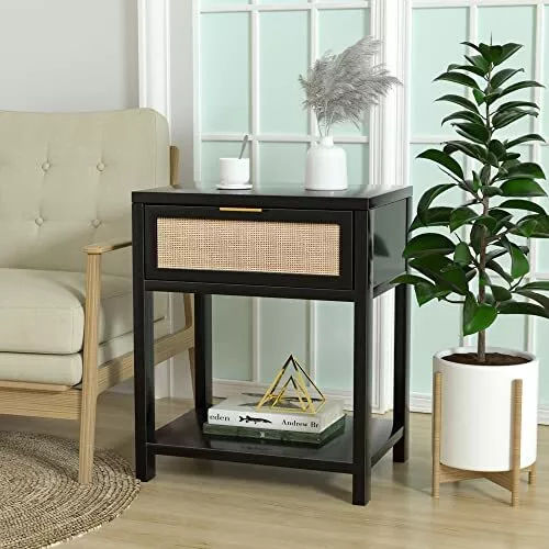 24" H Wood Nightstand, Mid-Century Modern End Table with Storage H0020-black