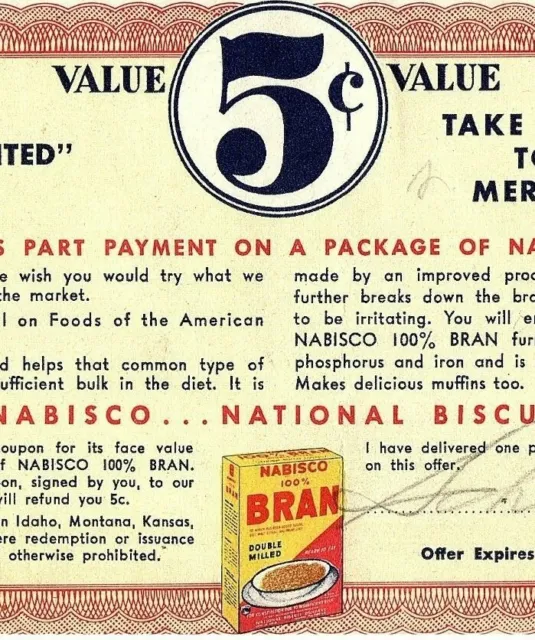 1942 Nabisco 100% Bran Double Milled Vtg Coupon Grocery 5 Cents Off Expired