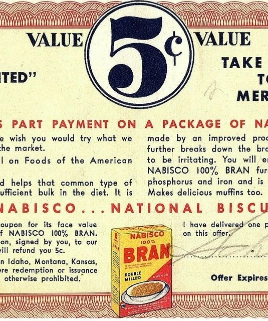1942 Nabisco 100% Bran Double Milled Vtg Coupon Grocery 5 Cents Off Expired