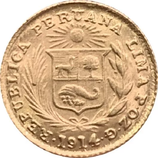 1/5 Libra Goldmünze Republik Peru VERDAD I JUSTICIA Inka POZG 1914 stgl. TOP 2