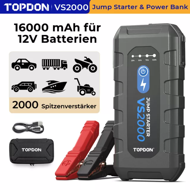 🔥TOPDON VS2000 2000A 16000mAh KFZ Starthilfe Booster powerbank 12V Jump Starter