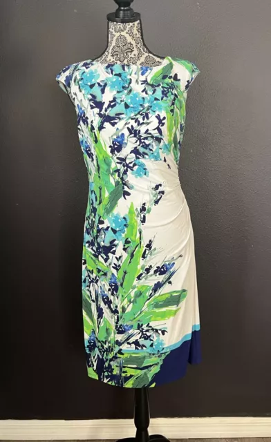 Ralph Lauren Women's Sheath Jersey Dress Ruched Waist Sleeveless Floral Size 8