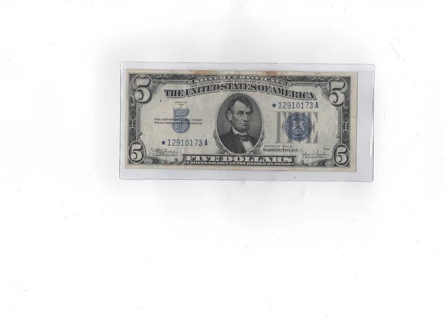 1934-C, 5.00 Silver Certificate Blue Star Note; XF+ Condition!!. CRISP!