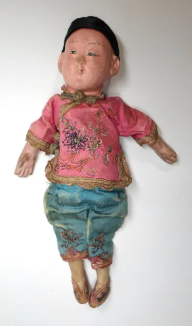 Antique CHINESE LITTLE BOY DOLL Composition w/ Fabric Clothes 8" Long As Is