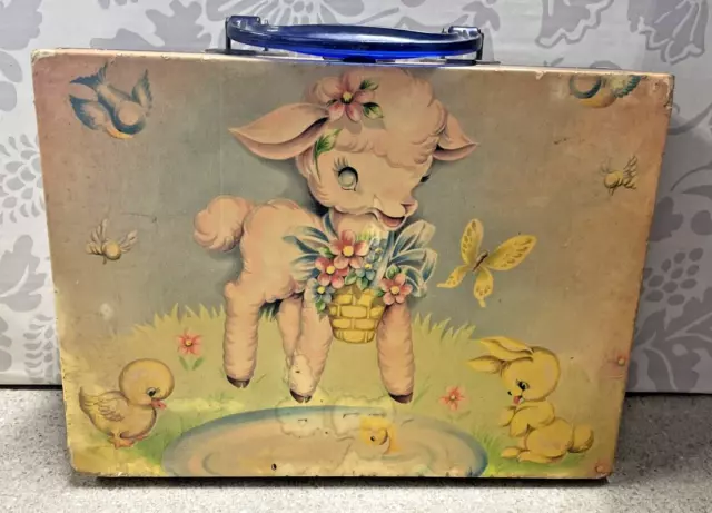 Vintage 50's Lamb Bunny Wood Child Baby Doll Suitcase Anthropomorphic Lucite